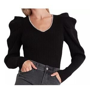 NWT EXPRESS | Black Knit Puff Sleeve Rhinestone holiday cocktail Sweater